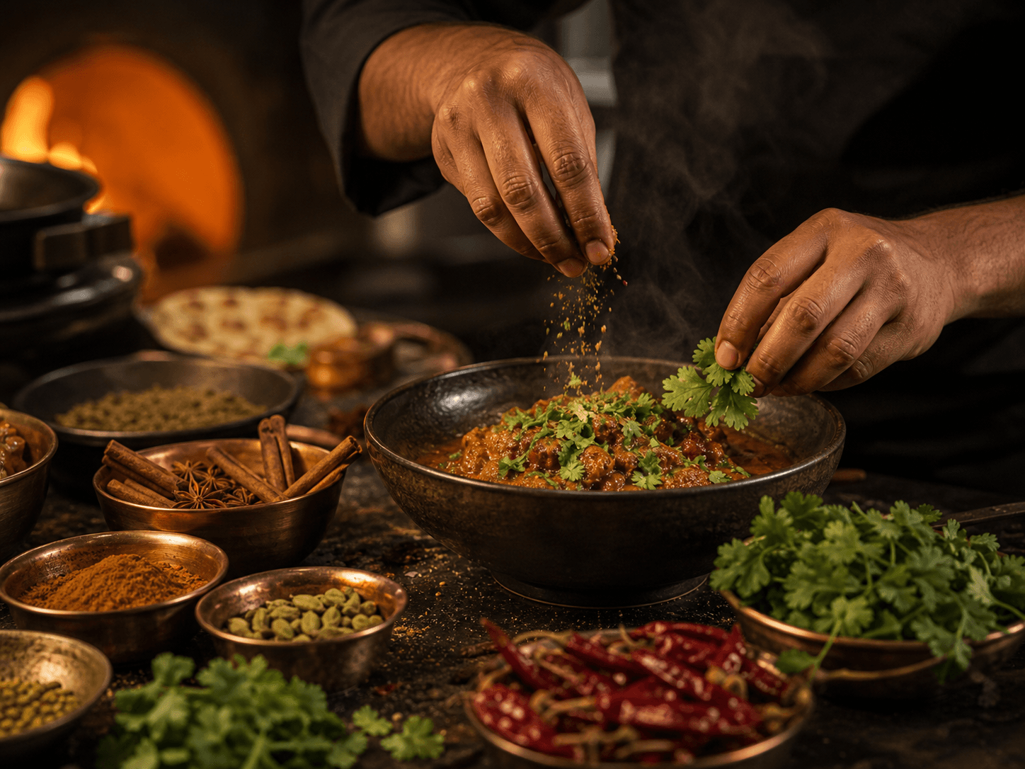 Indisches Küchenhandwerk mit frischen Kräutern und aromatischen Gewürzen