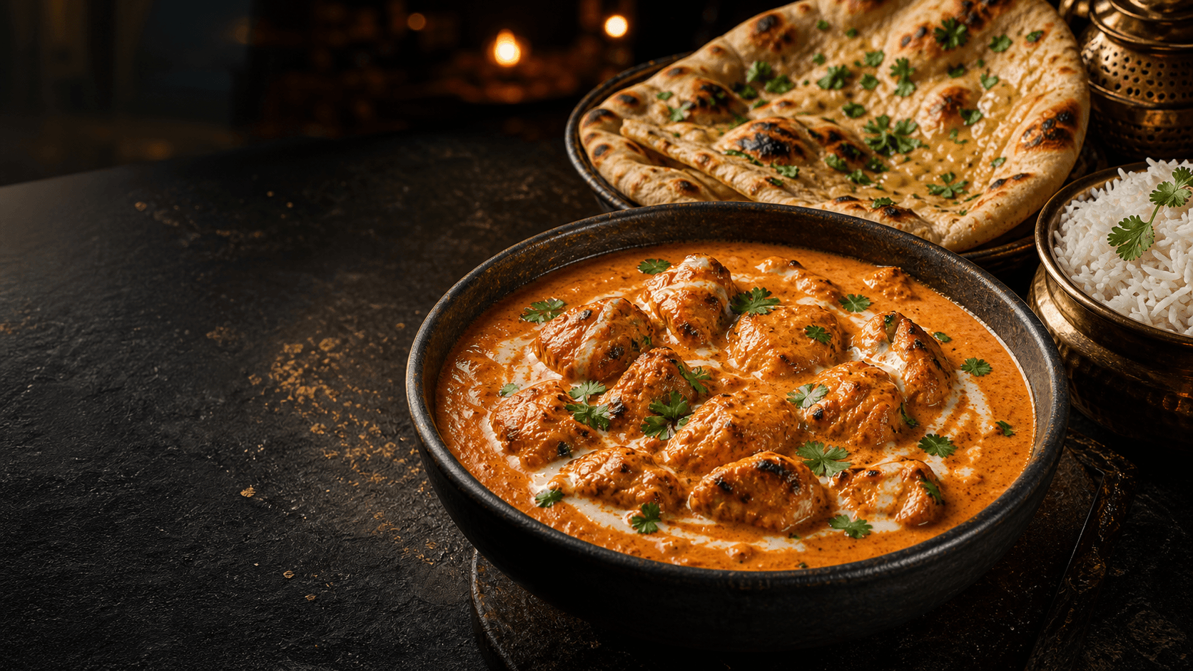 Premium Butter Chicken mit Naan und Basmatireis